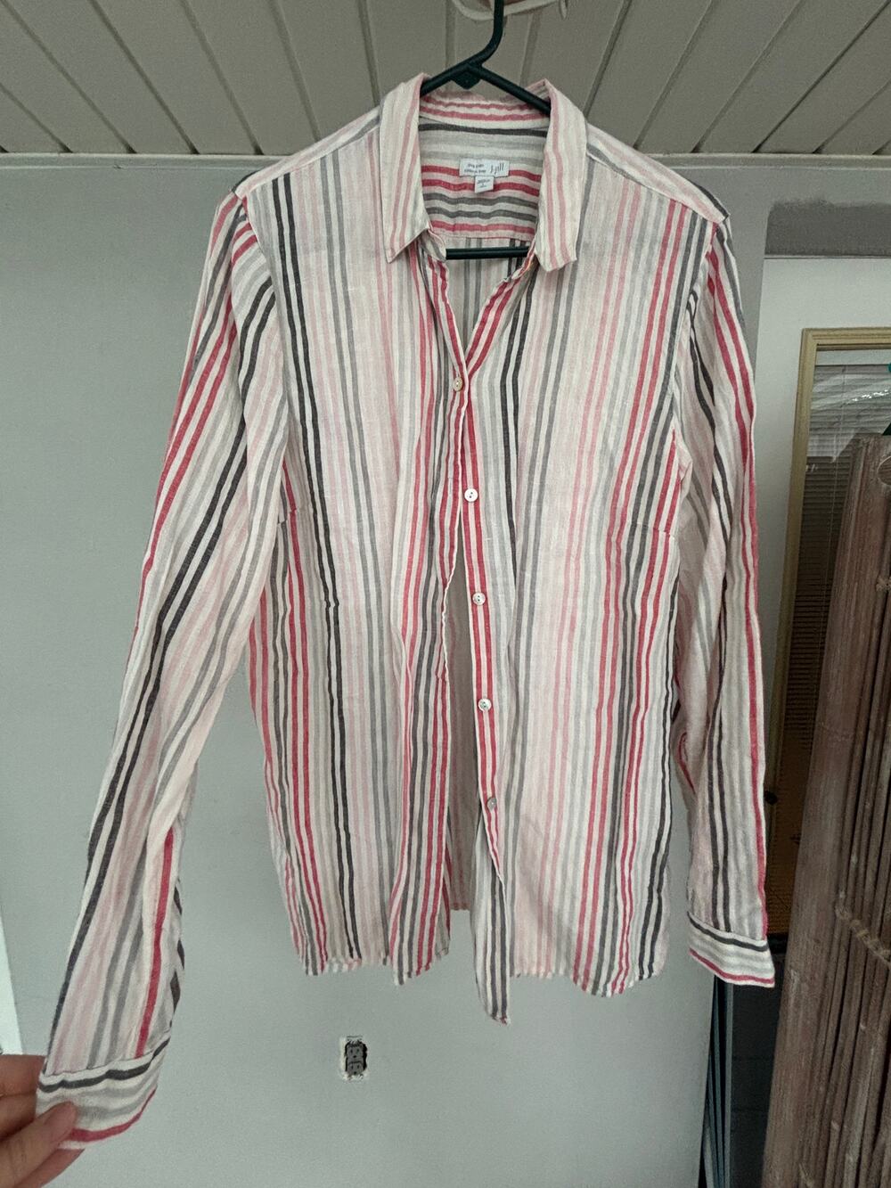 100% Linen J. Jill Love Essential Shirt Striped Button-Up Collared Pink Grey